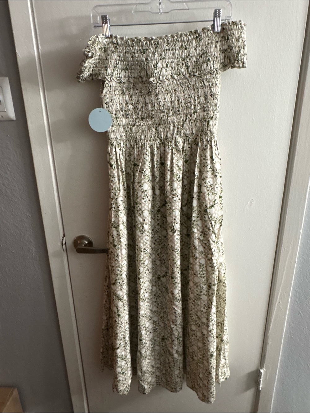 Off-Shoulder Smocked Midi Dress - Green Floral